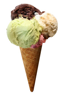 pistachio and chocolate ice cream on sugar cone