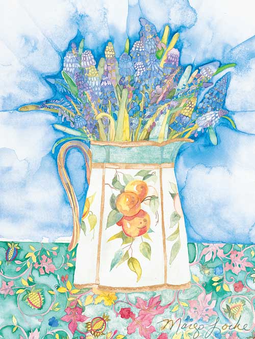 Bluebells in hand-painted pitcher